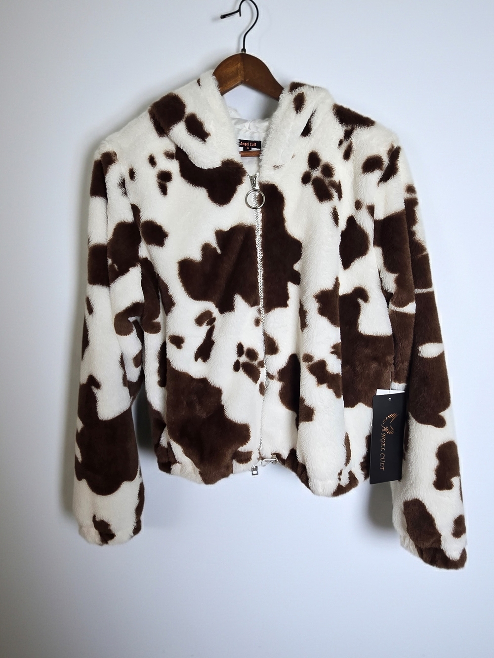 NWT Soft Angel Cult Cow Print Faux Fur Hooded Jacket Full Zip Brown White Size S